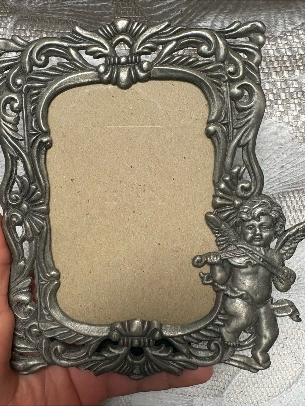 Ornate Victorian Silver Matte Metal Cherub Photo Frame Freestanding